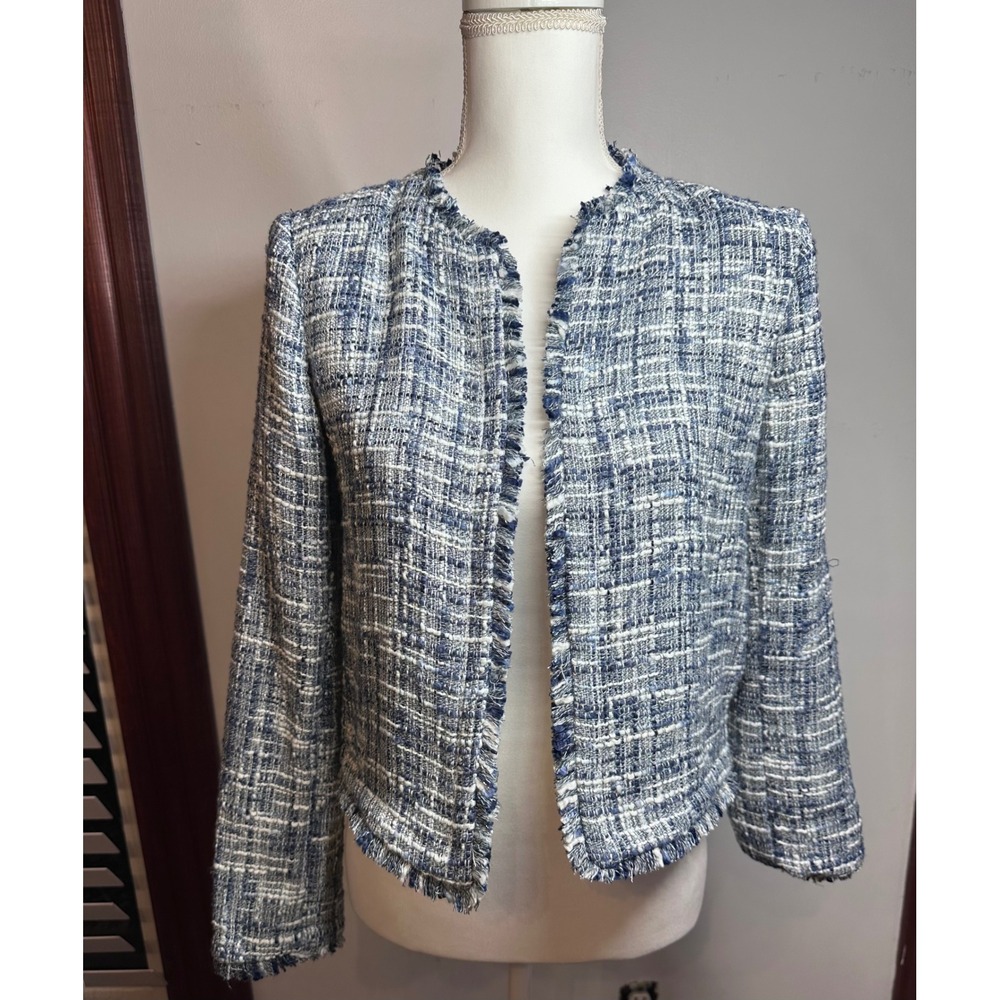 Calvin Klein Womens Blue White Tweed Fringe Open Front Jacket Size 2 Old money